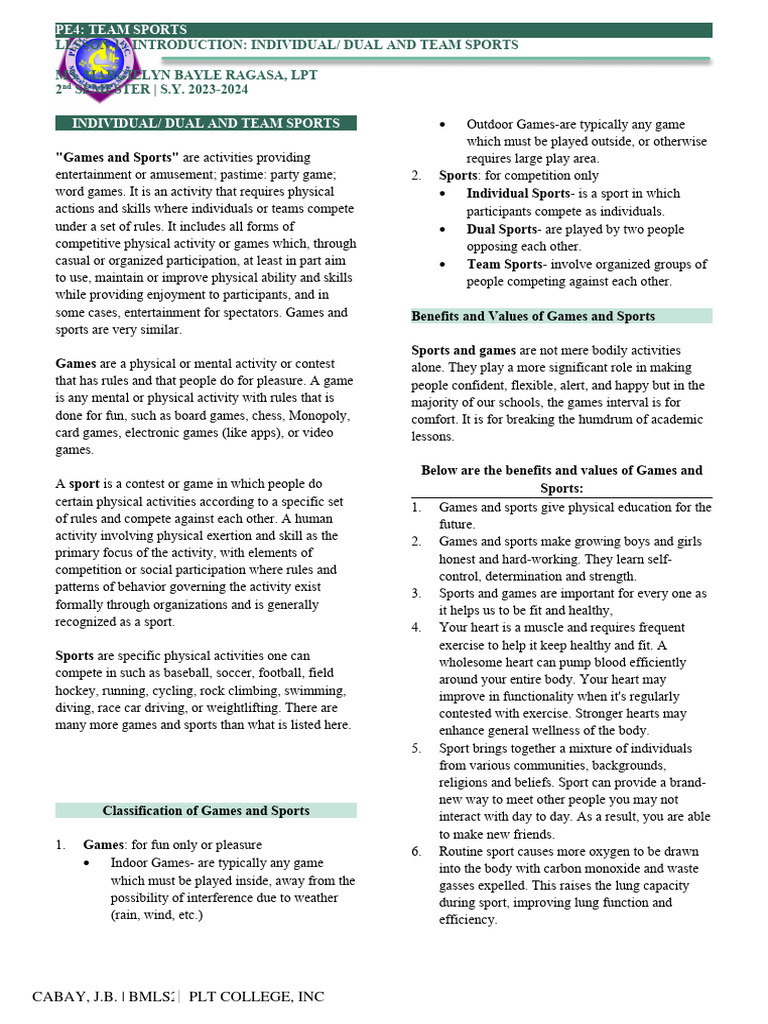 Individual, Dual and Team Sports | PDF | Sports | Heart