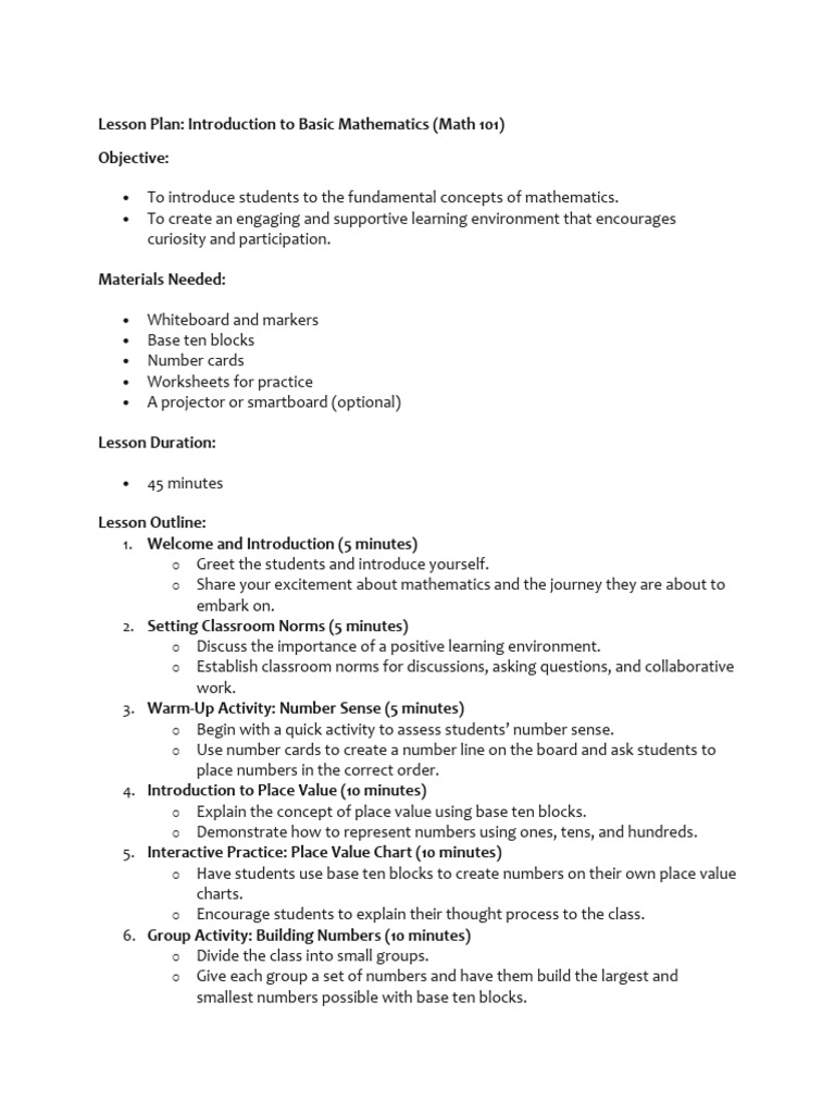 Lesson plan introduction to basic mathematics math 101 pdf lesson