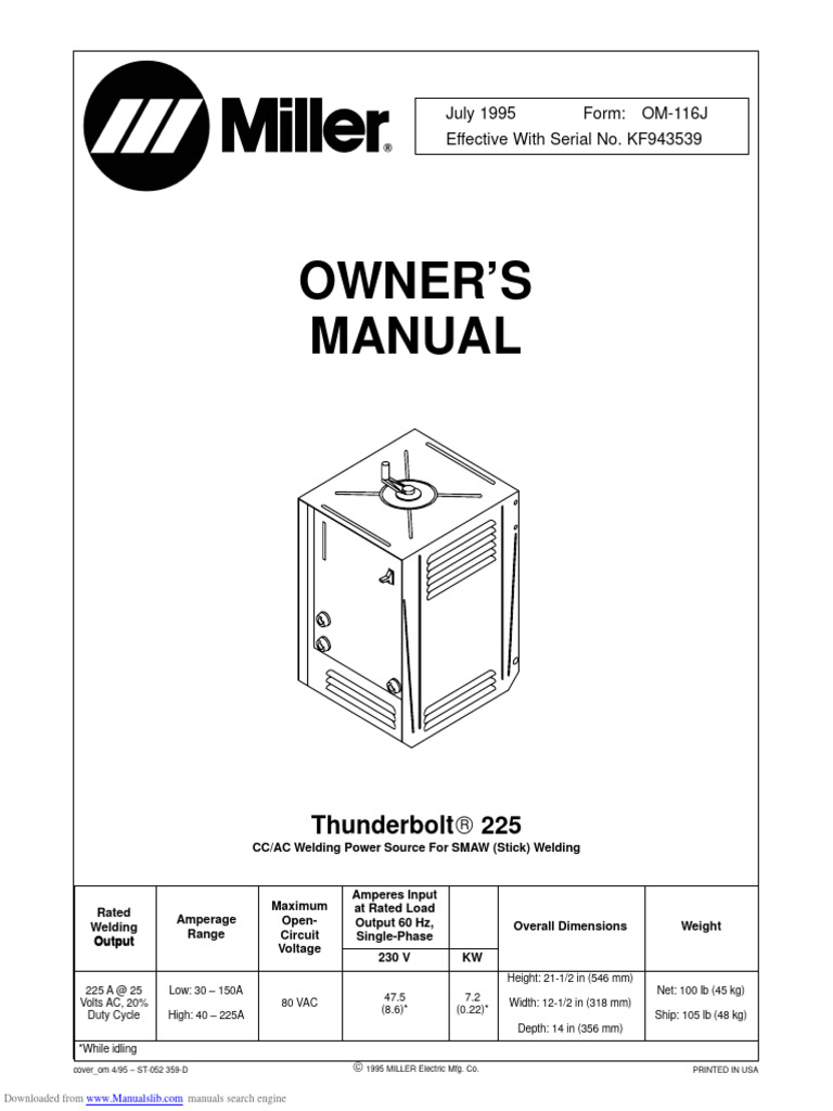Miller Thunderbolt 225 Owner's Manual | PDF | Welding | Construction