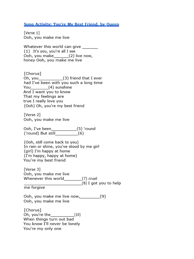 Song activity youre my best friend by queen pdf