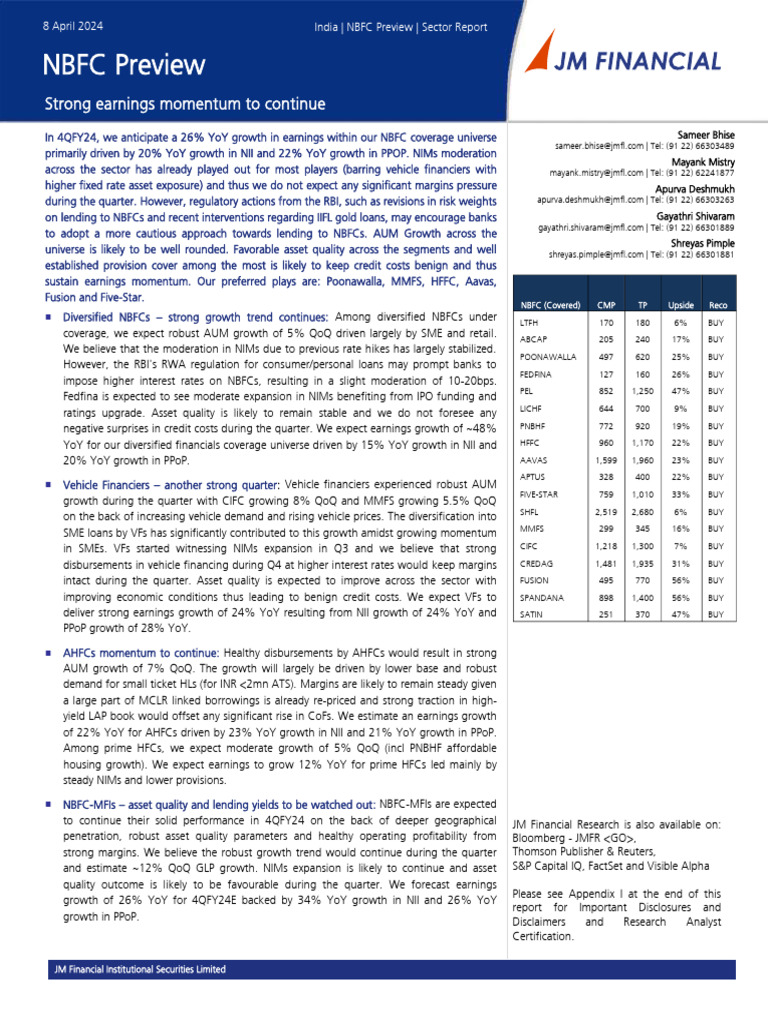 NBFC Earnings Growth Outlook Q4 FY24 | PDF | Non Bank Financial ...