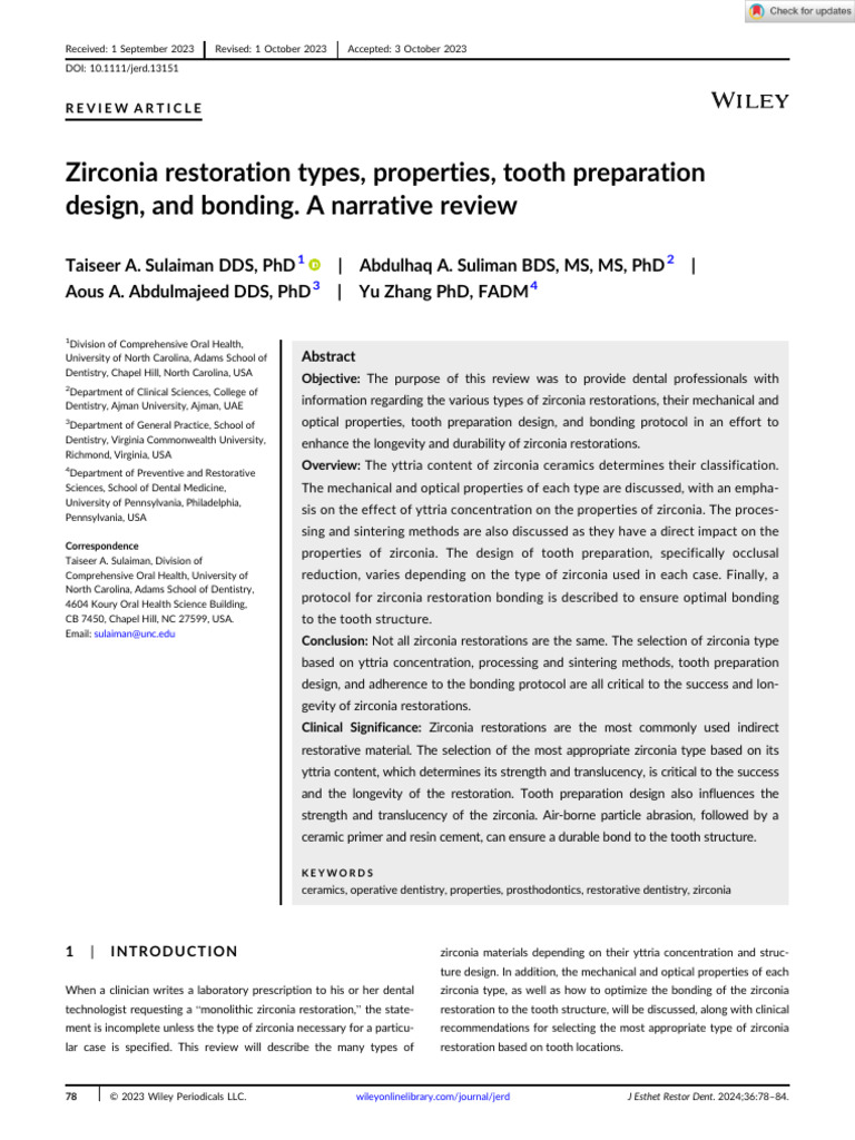 J Esthet Restor Dent 2023 Sulaiman Zirconia restoration types properties tooth preparation