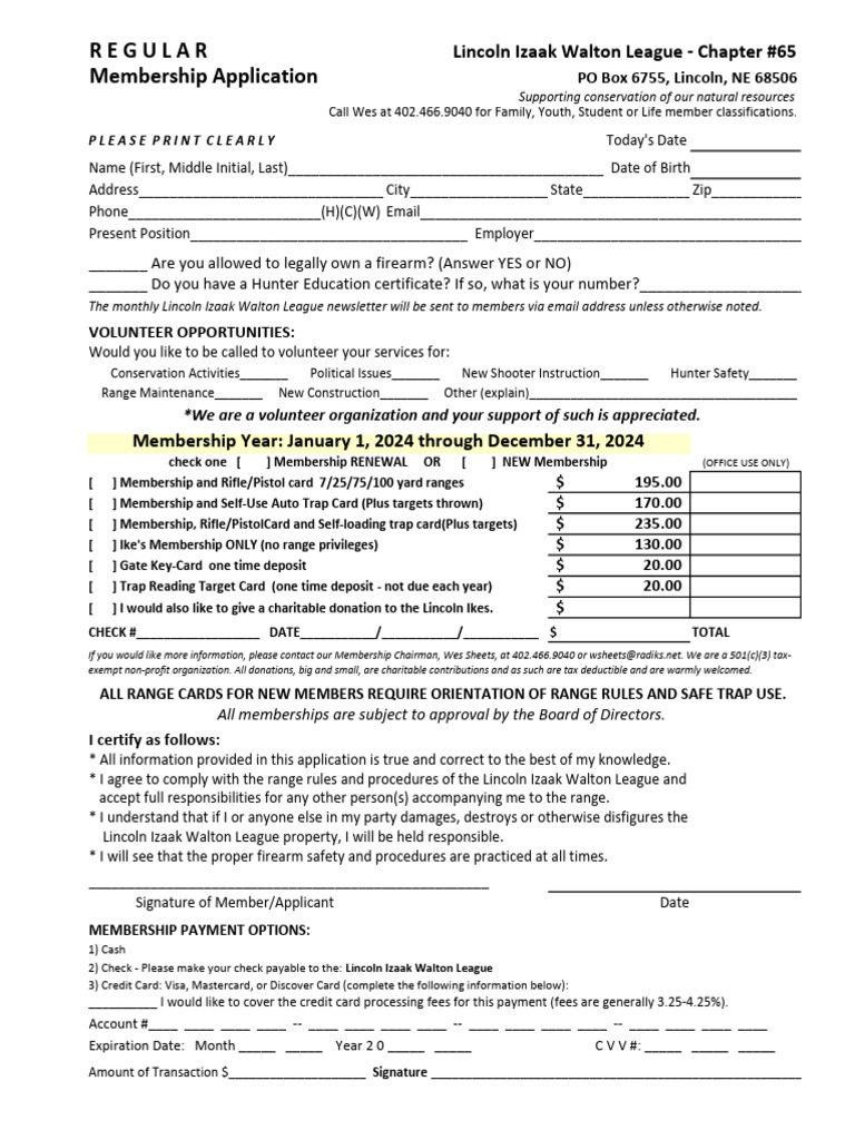 Lincoln Izaak Walton League Membership Form | PDF | Credit Card | Payments