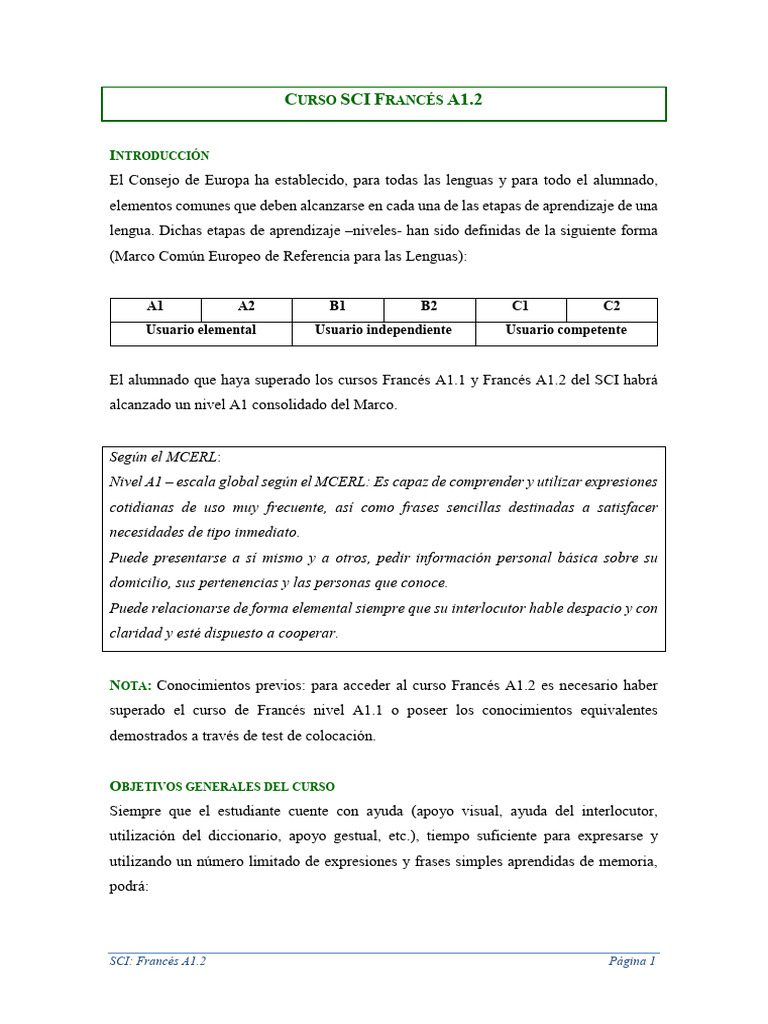 Curso de Francés A1.2: Contenidos y Evaluación | PDF | Léxico | Evaluación