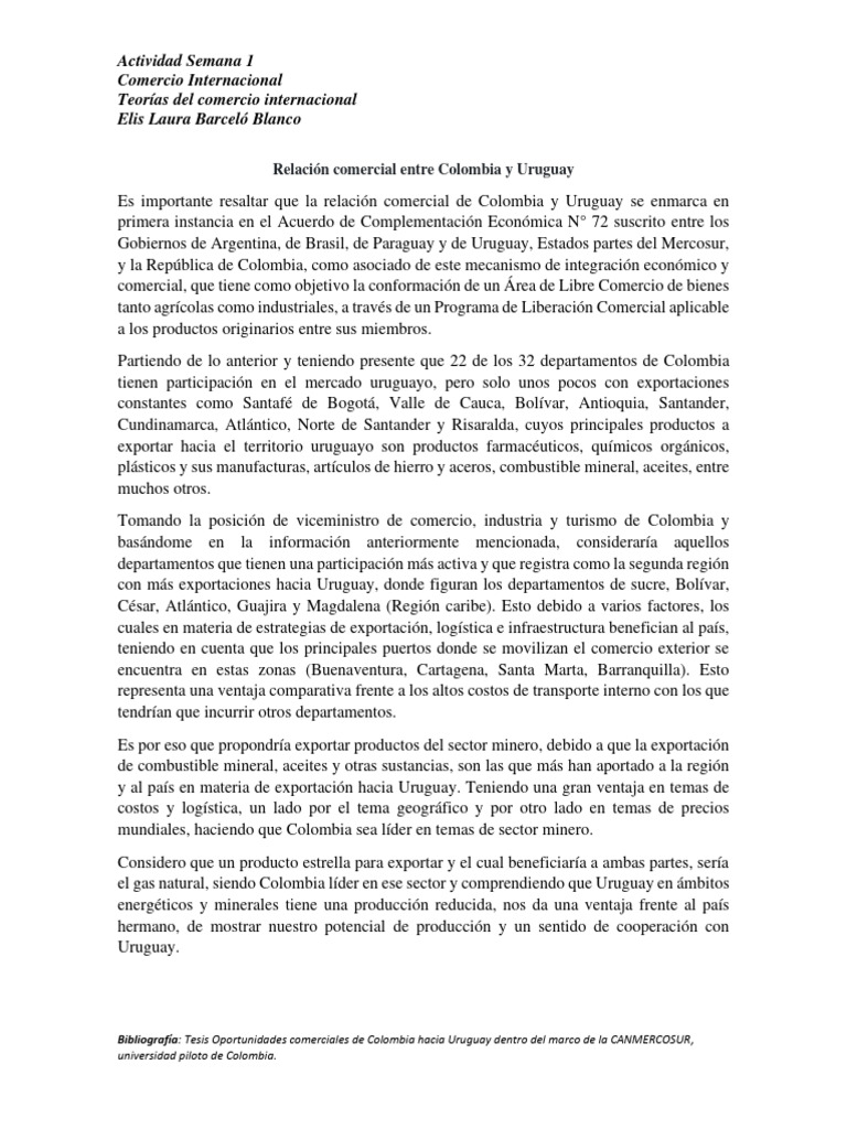 Actividad Comercio Internacional ELIS BARCELÓ | PDF | Colombia | Uruguay