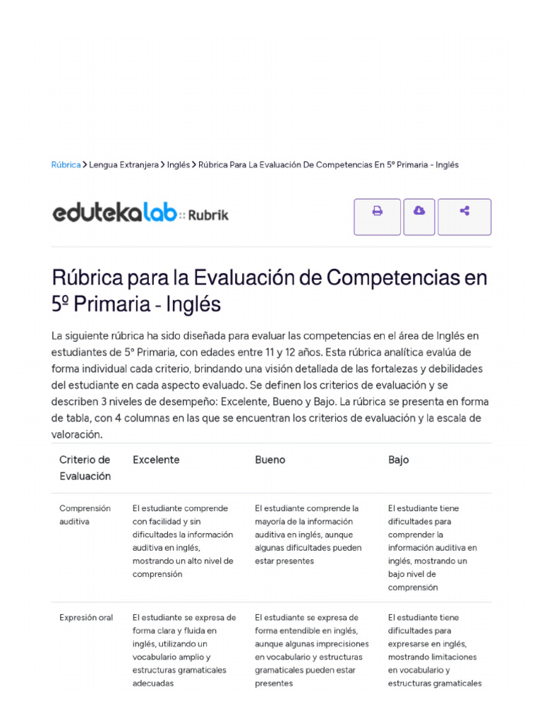 Rúbrica para La Evaluación de Competencias en 5º Primaria - Inglés | PDF