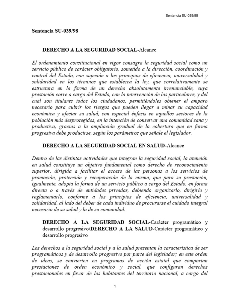 Seguridad Social y Salud: Sentencia SU-039/98 | PDF | Derecho