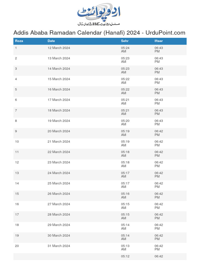 ramadan calendar addis ababa