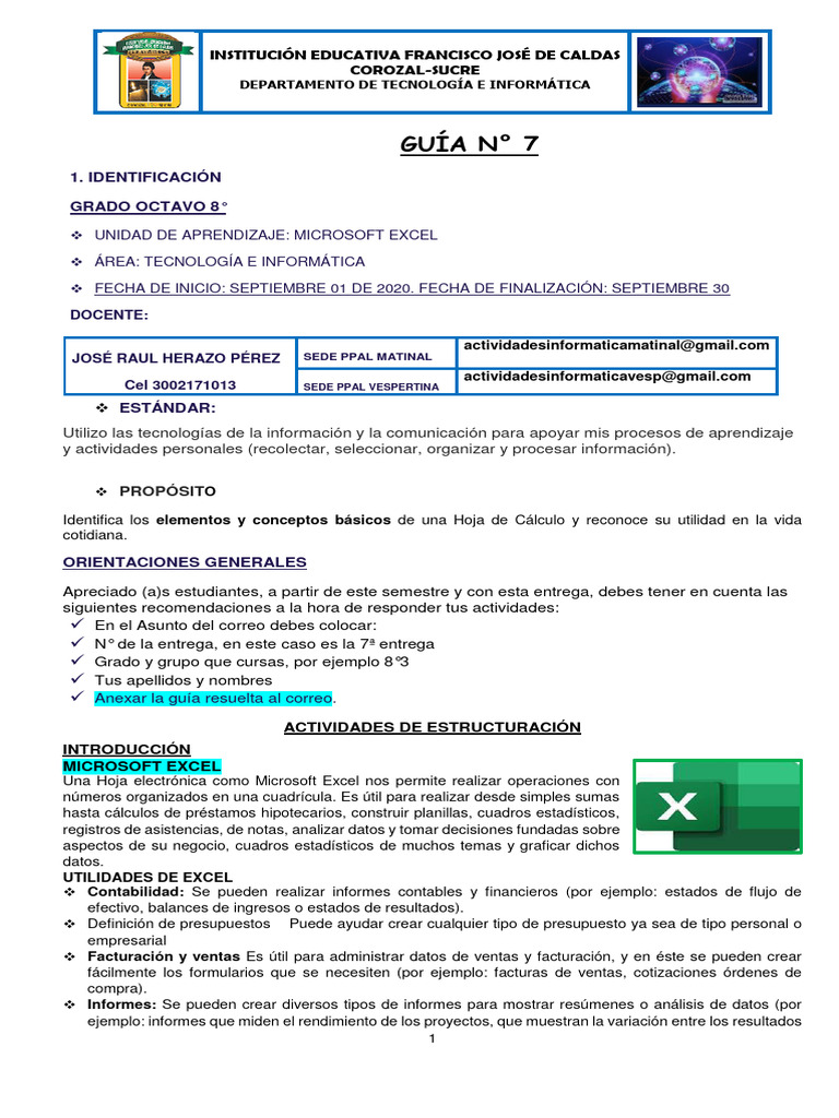 Guía de Microsoft Excel para 8° Grado | PDF | Hoja de cálculo ...
