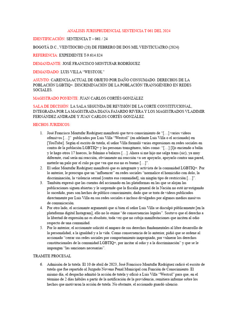 ANALISIS JURISPRUDENCIAL SENTENCIA T 061 DEL 2024 | PDF | Libertad de