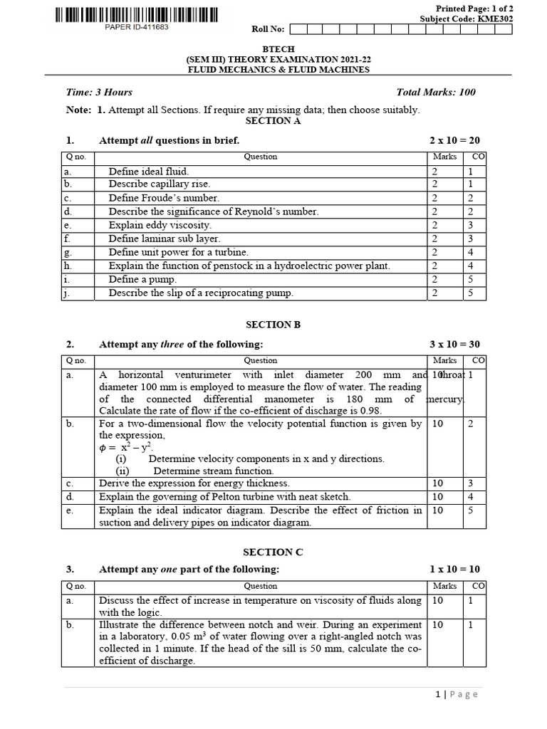 Btech me 3 sem fluid mechanics and fluid machines kme302 2022 pdf