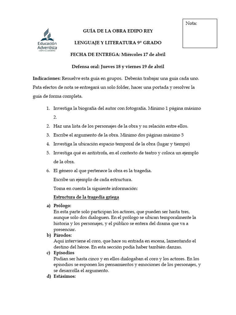 GUÍA DE LA OBRA EDIPO REY | PDF | Tragedia griega | Tragedia