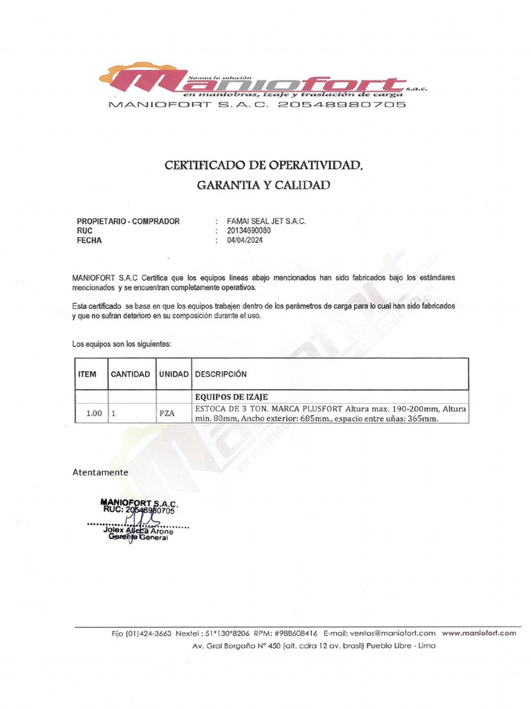 Certificado de Operatividad Stoka | PDF