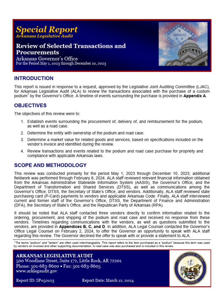 Special Report Arkansas Legislative Audit into lectern PDF Freedom Of Information Act