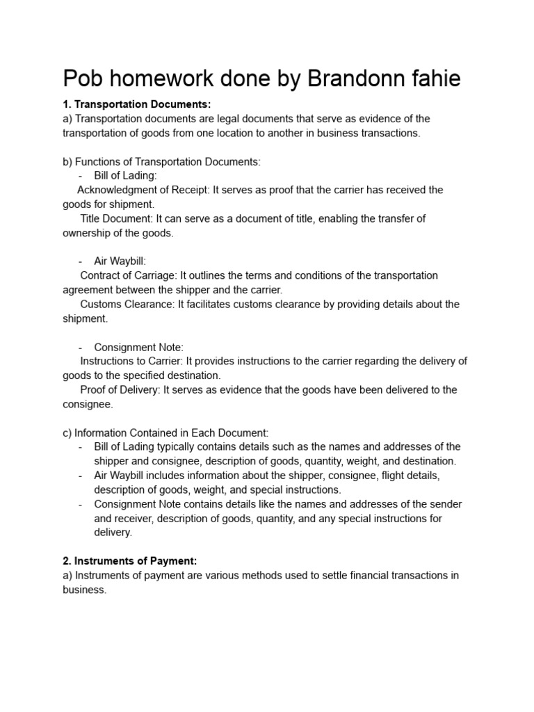 Pob Homework Done by Brandonn Fahie: 1. Transportation Documents | PDF ...