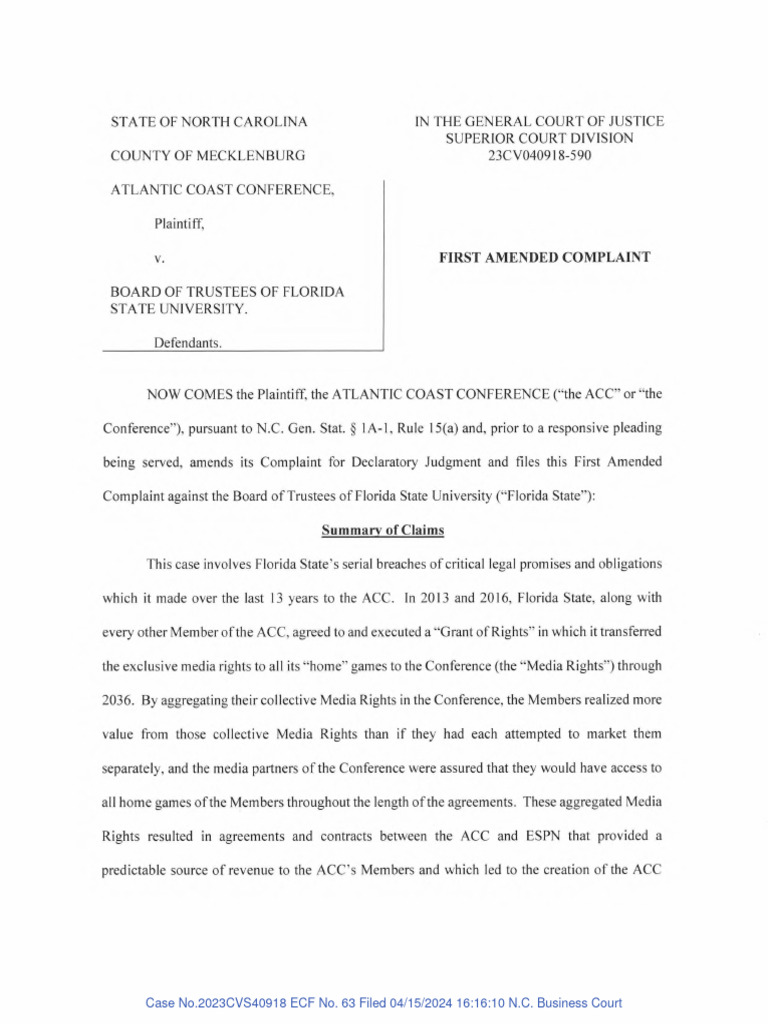Revised First Amended Complaint | PDF | Atlantic Coast Conference | Justice