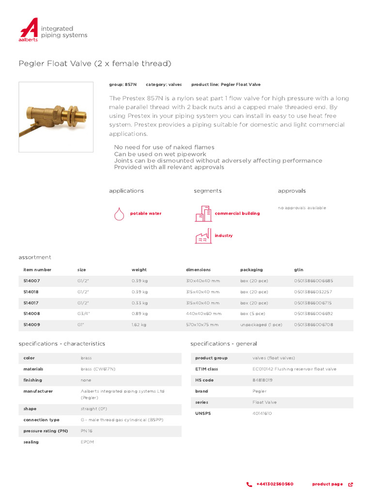 Pegler Float Valve 2 X Female Thread PDF Valve Equipment