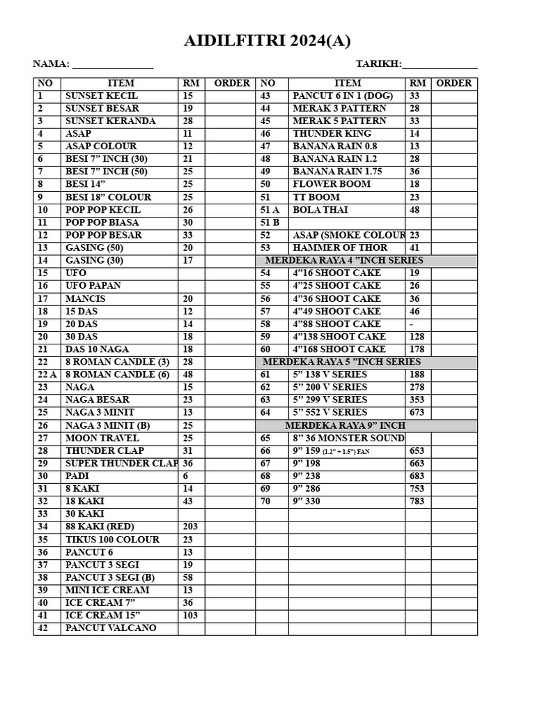 Fireworks Price List for Aidilfitri | PDF