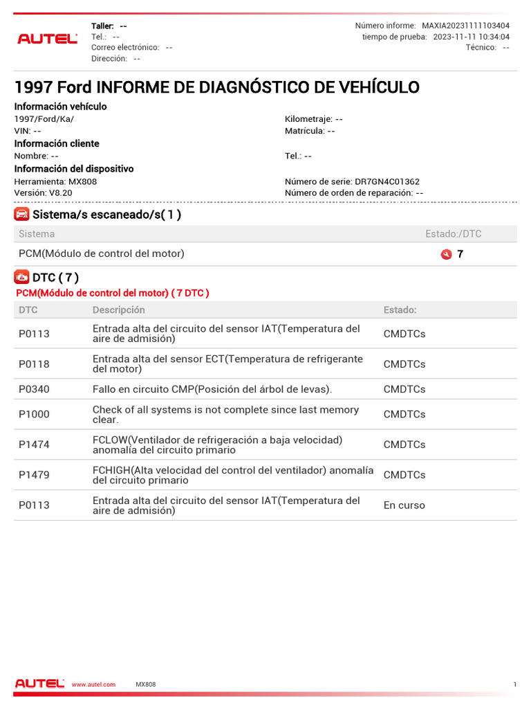 Informe DTC P1474 Ford Ka 1997 | PDF