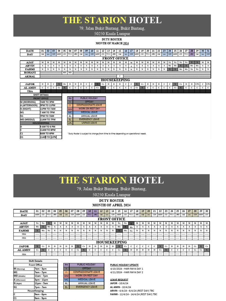 Starion Hotel Duty Roster April 2024 | PDF