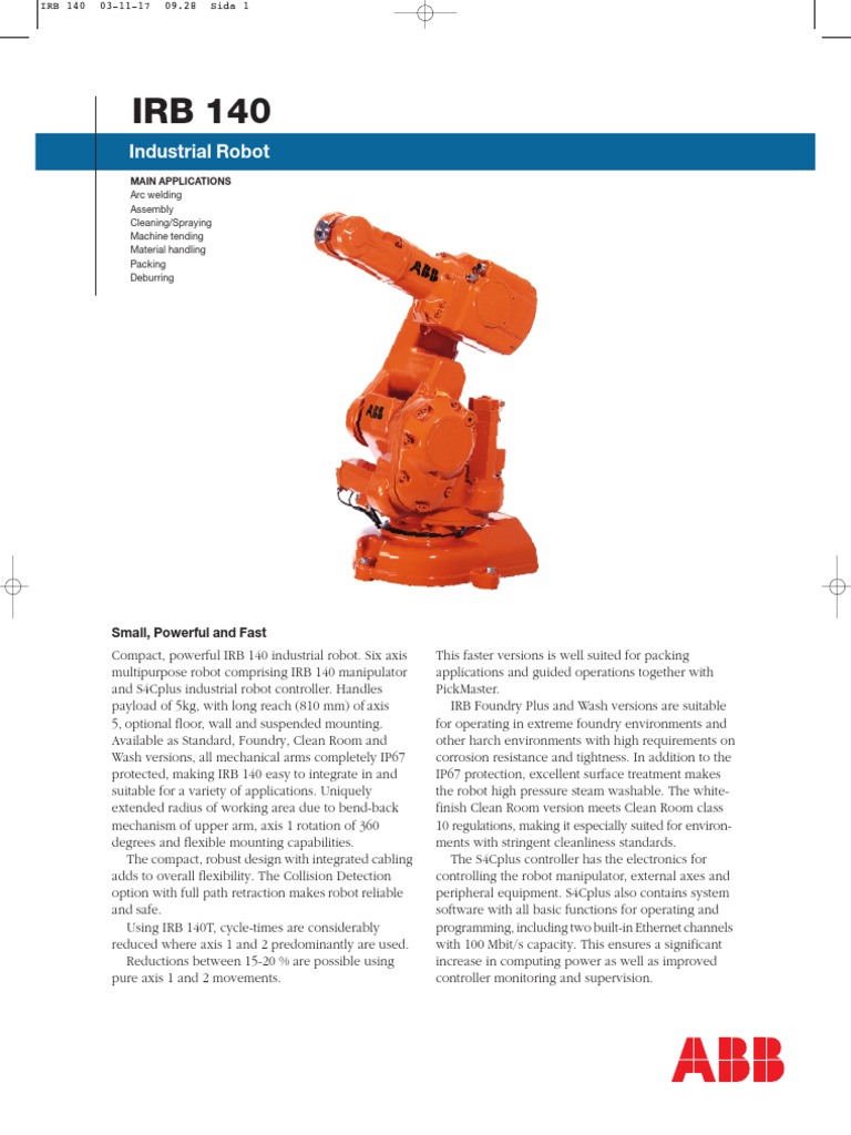 IRB 140 Industrial Robot Overview | PDF | Technology & Engineering