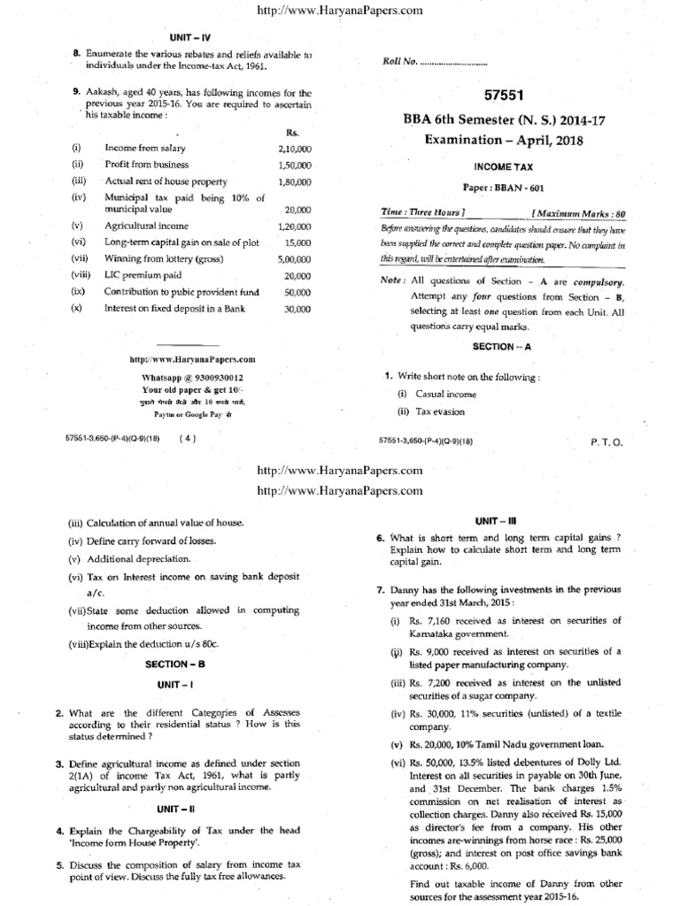 Bba 6 Sem Income Tax 57551 May 2018 | PDF