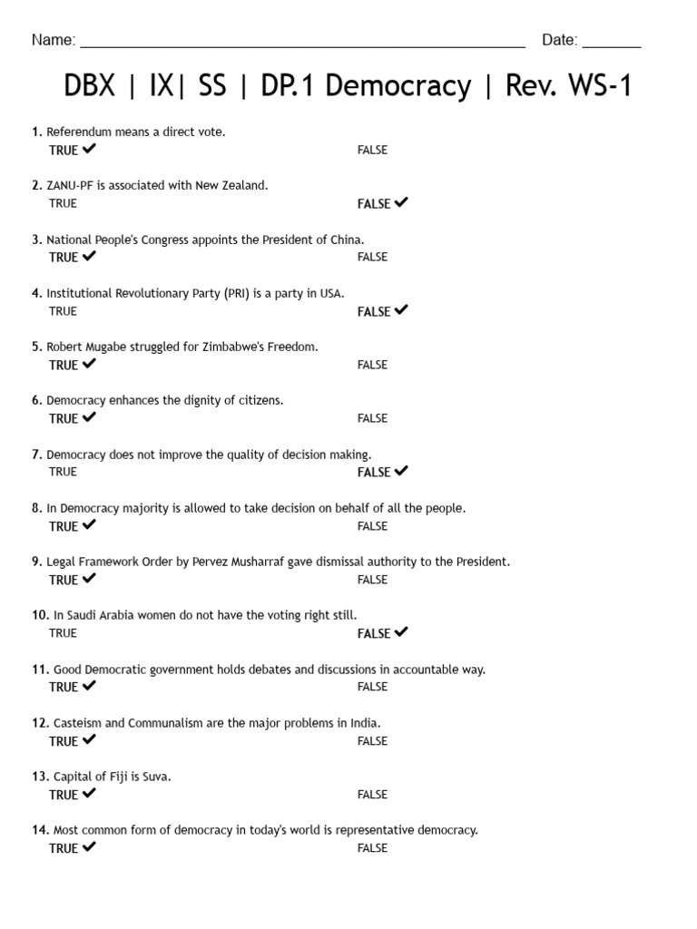 DBX IX SS DP1 Democracy Rev WS1 Answer Key | PDF | Democracy ...
