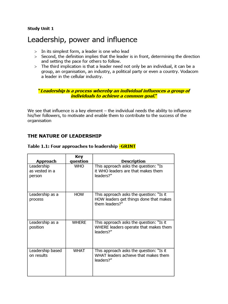Leadership, Power, and Influence Overview | PDF | Leadership ...