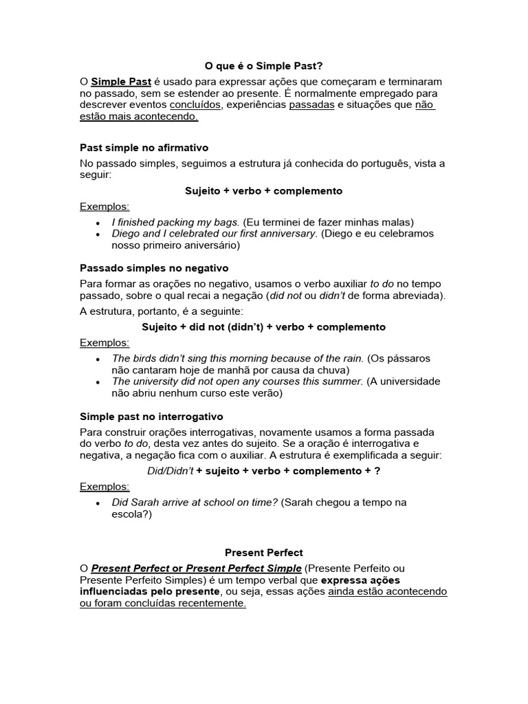 Diferenças entre Simple Past e Present Perfect | PDF | Assunto ...