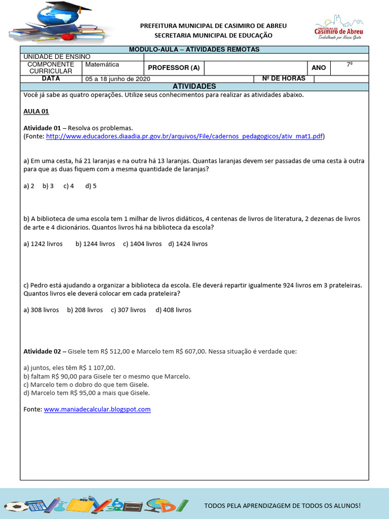 Matemática7 Ano1 Pdf Números Aprendizado