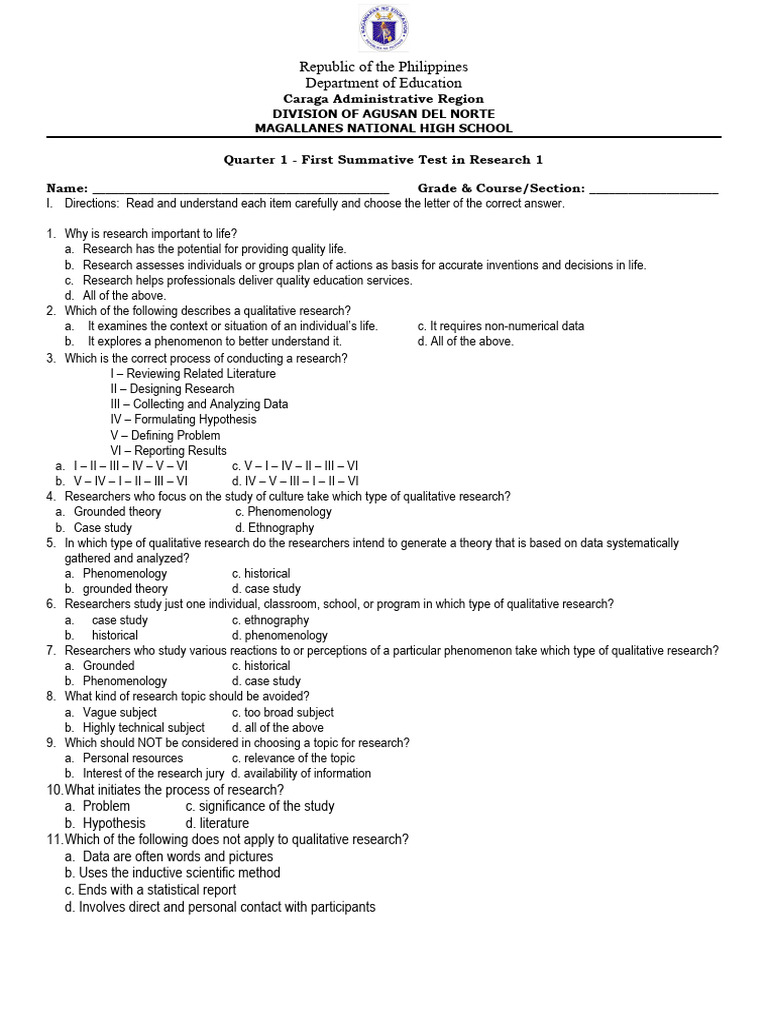 First Summative Test in Research 1 | PDF | Qualitative Research ...