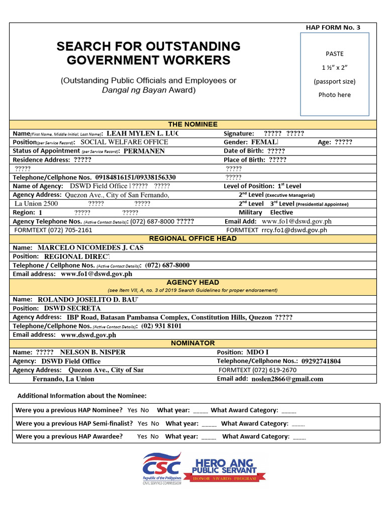 HAP Nomination Form 3 (Dangal NG Bayan) | PDF | Non Governmental ...