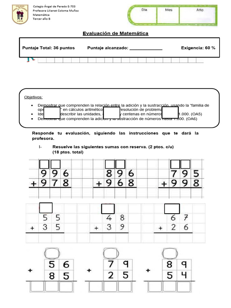 Evaluación de matematica Sumas con reserva | PDF | Sustracción ...