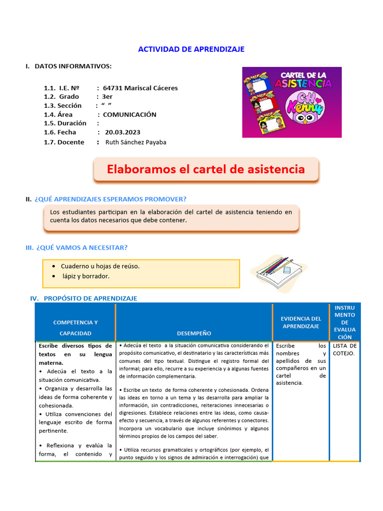 Actividad de Escritura: Cartel de Asistencia | PDF | Evaluación ...