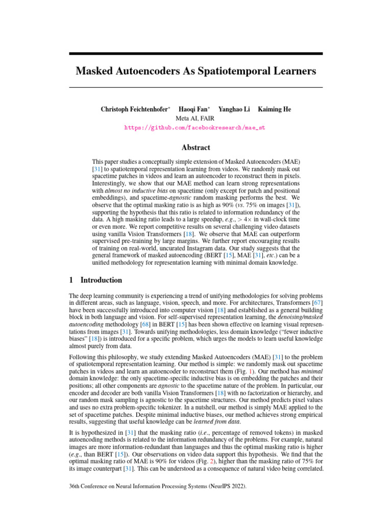 Masked Autoencoders As Spatiotemporal Learners PDF Artificial