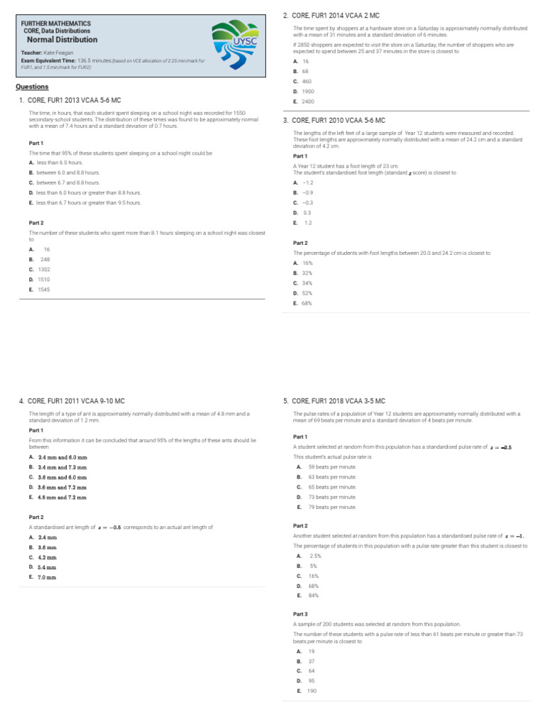 Normal Distribution Exam Questions | PDF | Standard Deviation | Normal ...