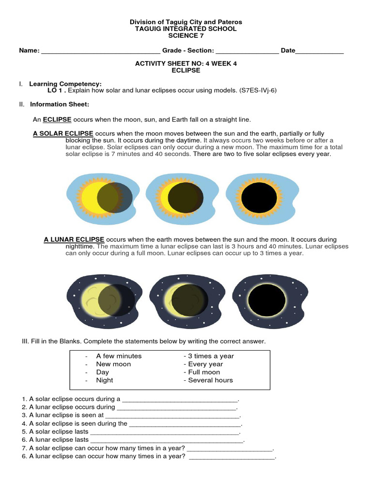 Eclipse Activity Worksheet | PDF | Travel | Science & Mathematics