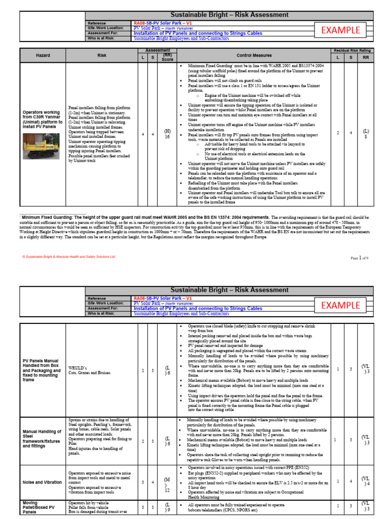 Solar PV Installation Risk Assessment Template | PDF | Occupational ...