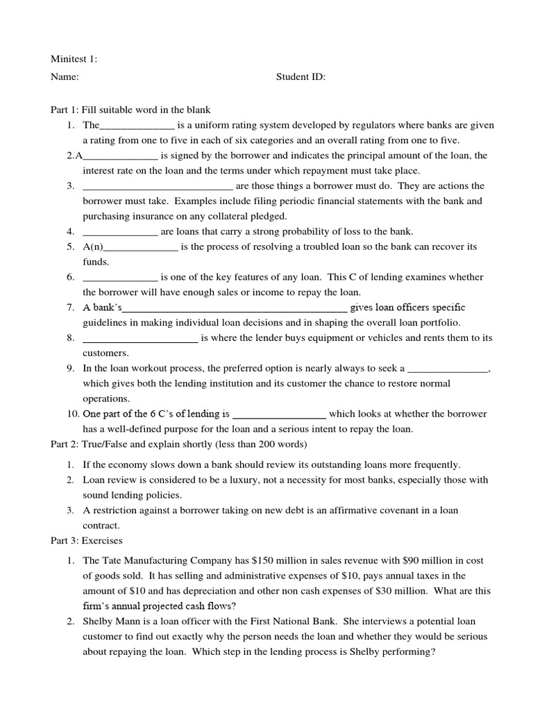 Minitest Chapter 16 Pdf Loans Banks