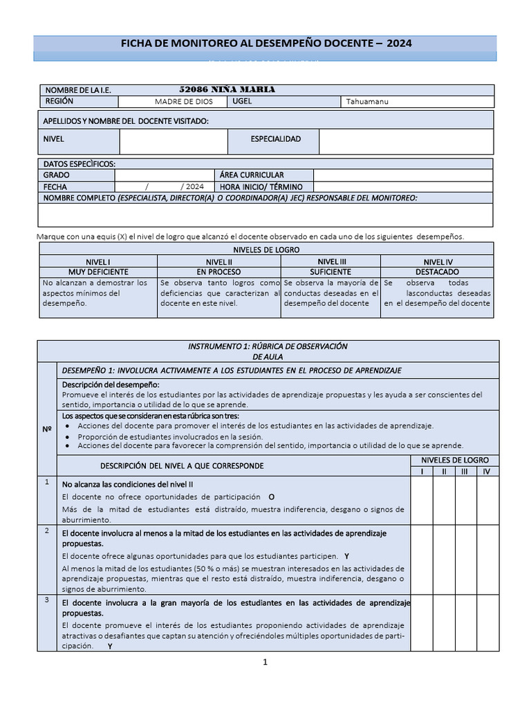 Ficha de Monotoreo Docente 2024 | PDF | Salón de clases | Pensamiento