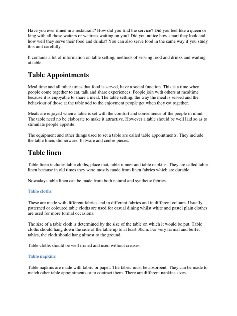 Table Appointments PDF Tableware Menu