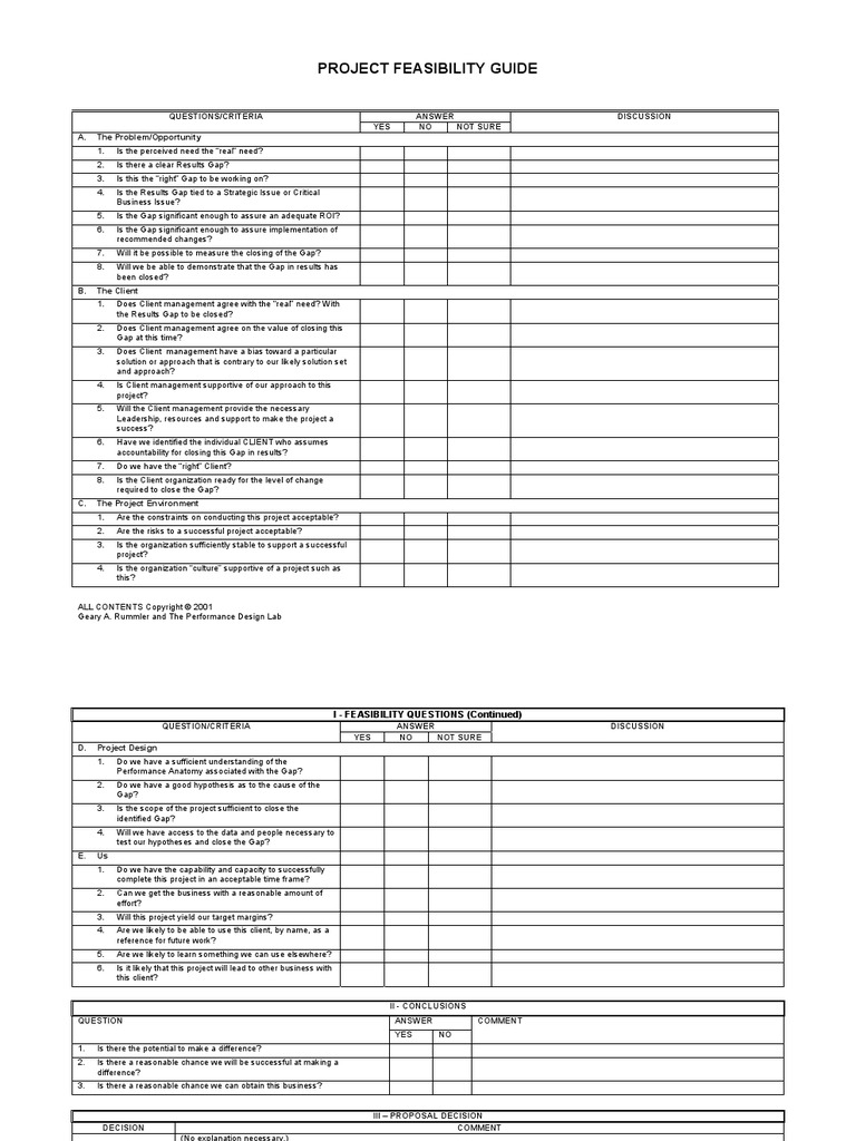 Project Feasibility Guide: Questions/Criteria Answer Discussion YES Not ...