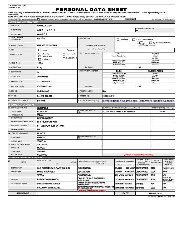 New-Cs Form No. 212 Personal Data Sheet-1 | PDF | Teachers | Government
