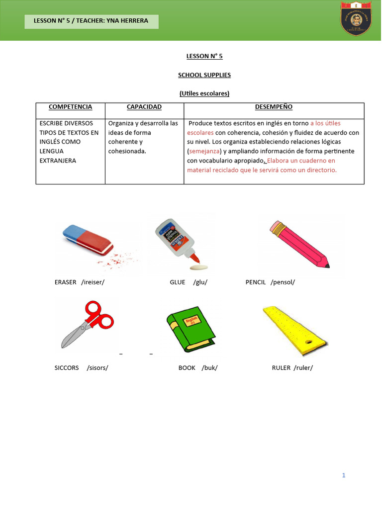Textos en inglés sobre útiles escolares | PDF | Artes del Lenguaje y ...