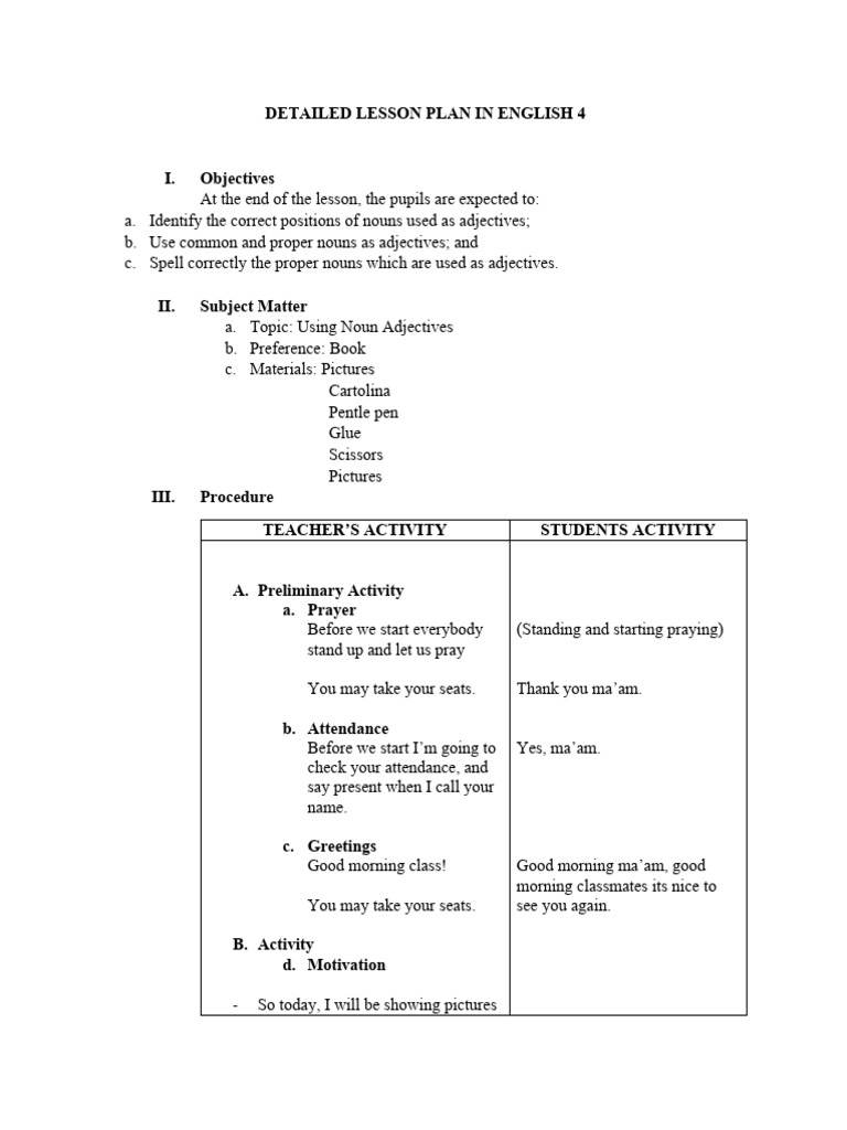 Noun Adjectives Lesson Plan | PDF | Noun | Adjective
