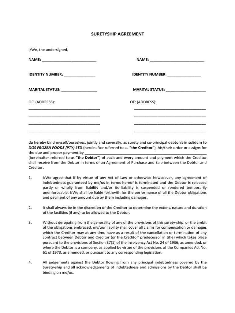 Suretyship Agreement Template | PDF | Surety | Justice