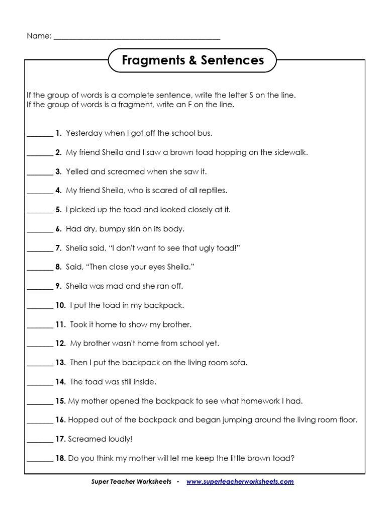 Sentence Fragment Identification Worksheet | PDF | Language Arts ...