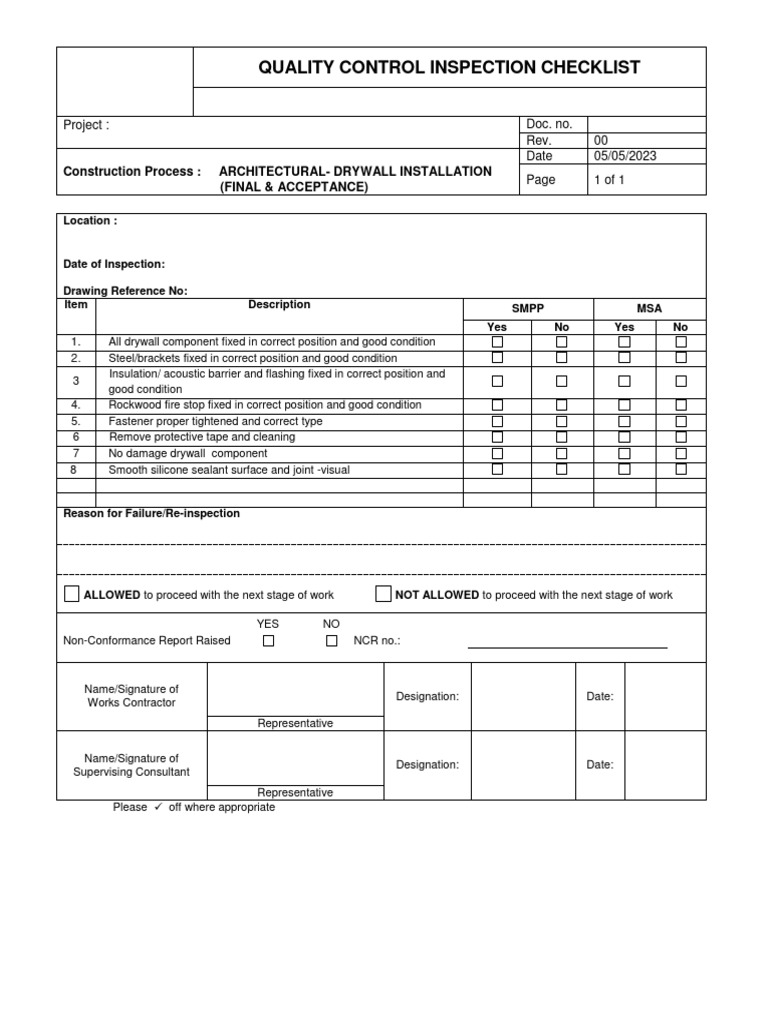 Drywall Installation Quality Checklist | PDF | Technology & Engineering