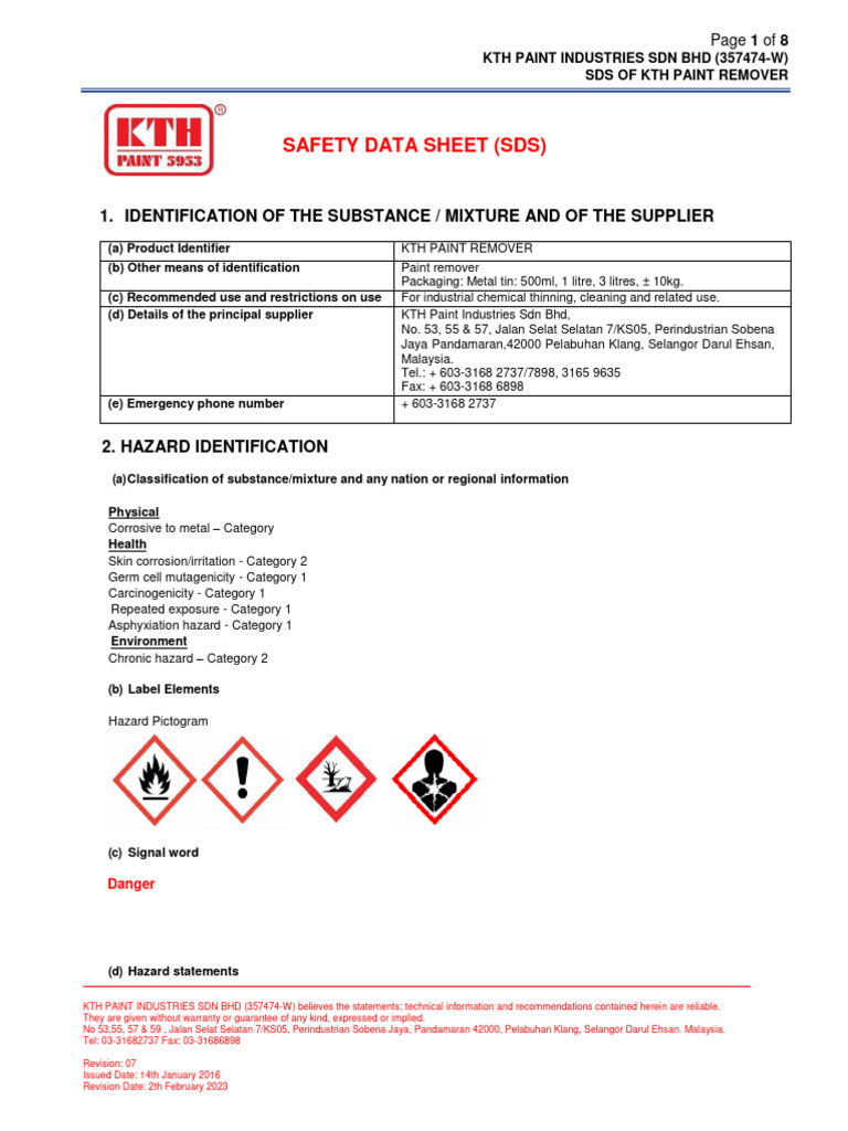KTH Paint Remover Safety Data Sheet | PDF | Dangerous Goods | Toxicity