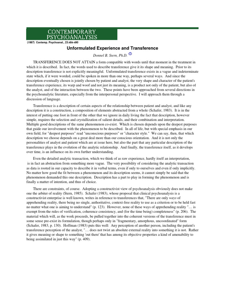 E1f - 18 Stern - D - Unformulated - Experience | PDF | Psychoanalysis ...